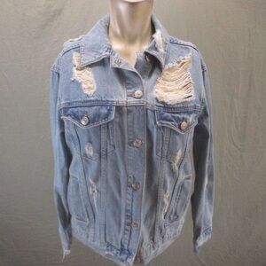 Topshop Oversized Light Blue Distressed Jean Jacket